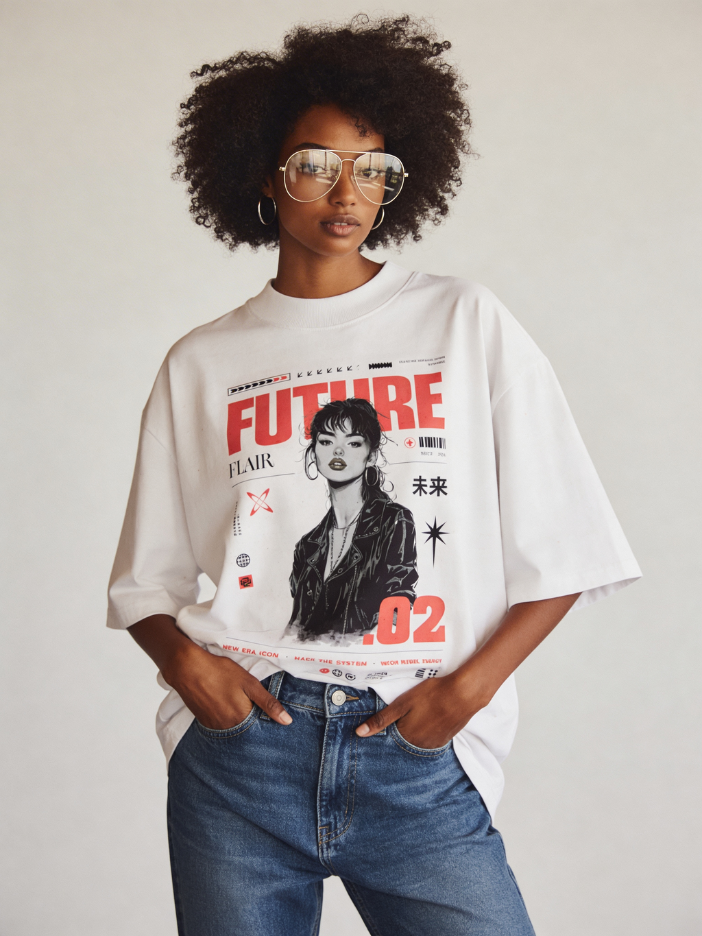 Close-up of female model wearing black oversized “Born To Shine Different” statement t-shirt with retro typography and flower graphics, minimal studio setting.