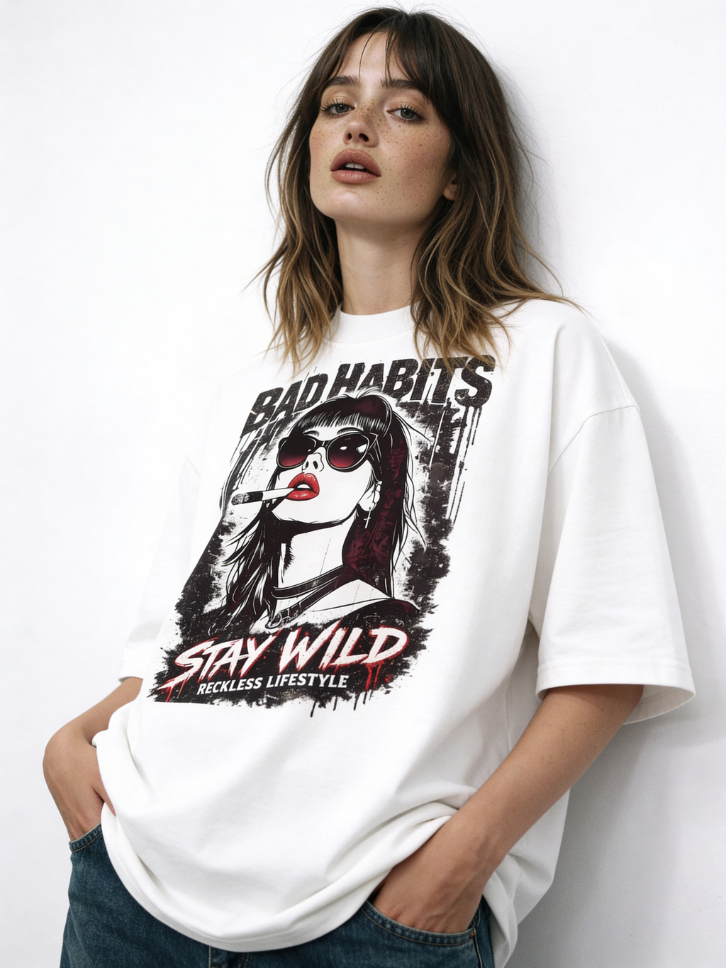 Female model wearing oversized white “Bad Habits Stay Wild” graphic t-shirt with edgy illustrated woman in sunglasses and red accents, styled with denim jeans