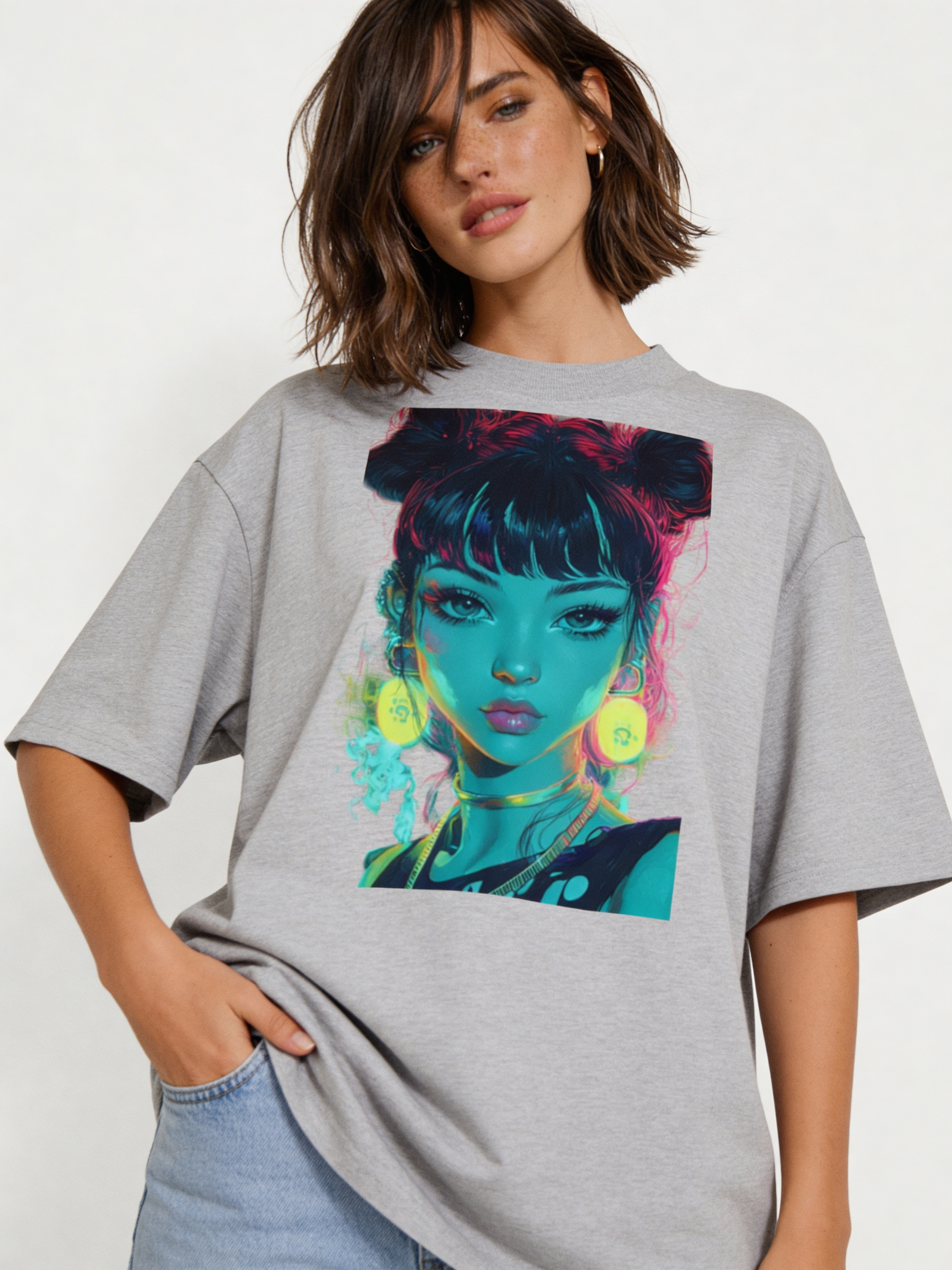 Female fashion model wearing oversized grey graphic t-shirt with neon cyberpunk girl illustration and glowing accessories, contemporary women’s streetwear outfit
