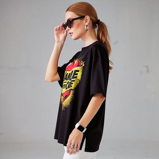 Model wearing black unisex t-shirt with “Handle With Care” heart graphic design in a studio setting