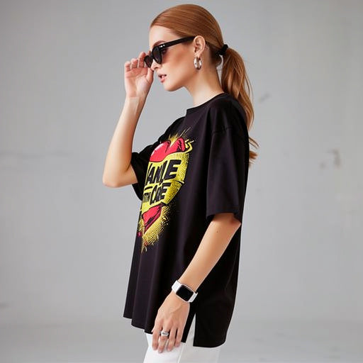 Model wearing black unisex t-shirt with “Handle With Care” heart graphic design in a studio setting