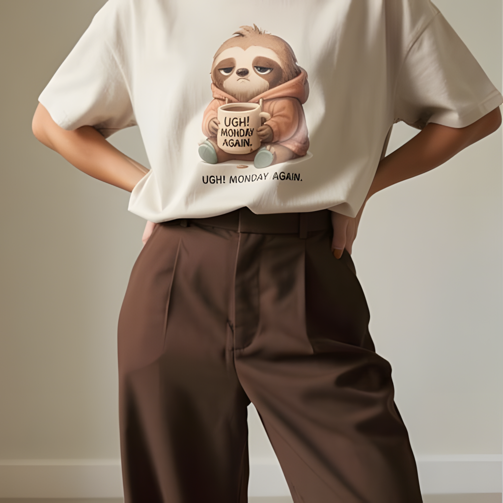 Model wearing unisex graphic t-shirt with sleepy sloth and coffee illustration in a studio setting
