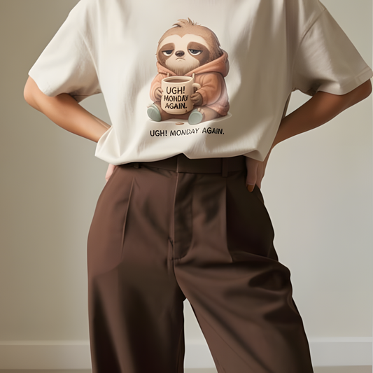 Model wearing unisex graphic t-shirt with sleepy sloth and coffee illustration in a studio setting