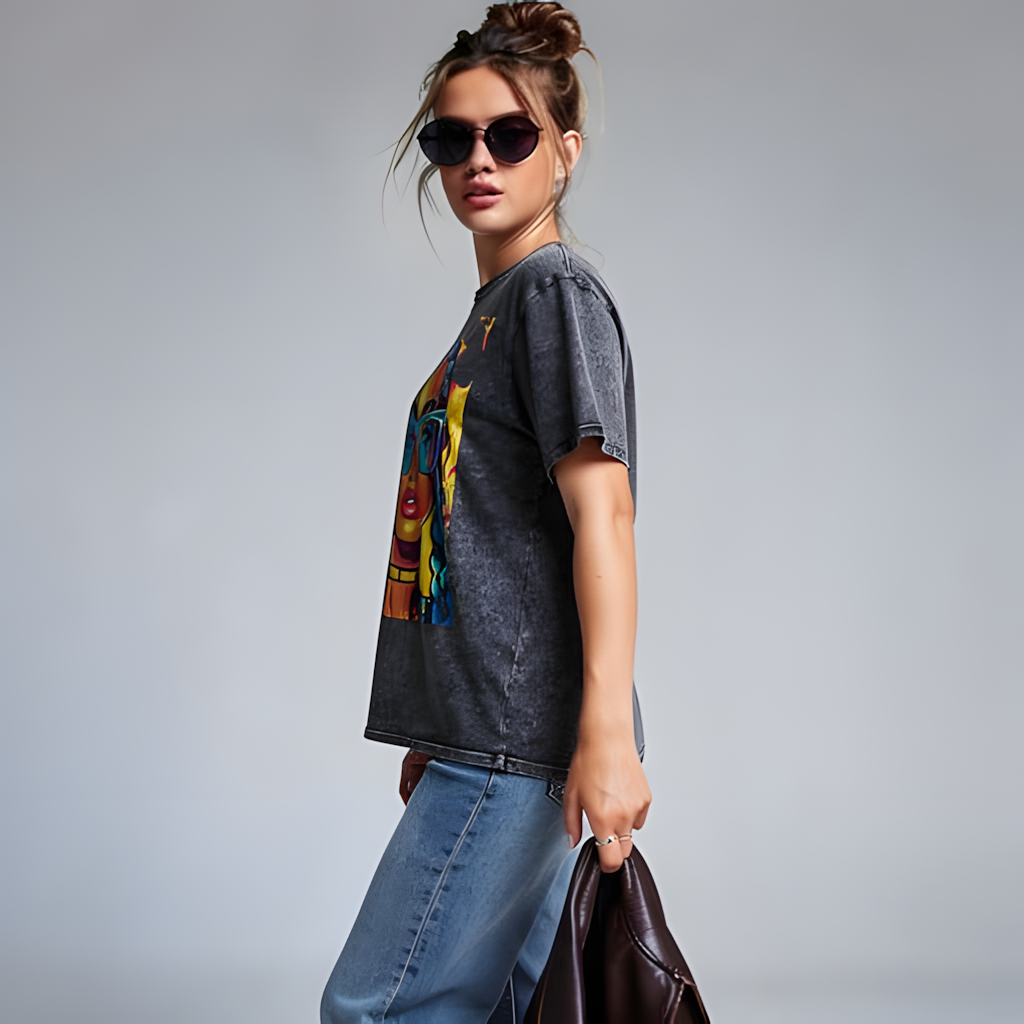 Model wearing unisex denim graphic t-shirt with colorful pop art portrait design in a studio setting