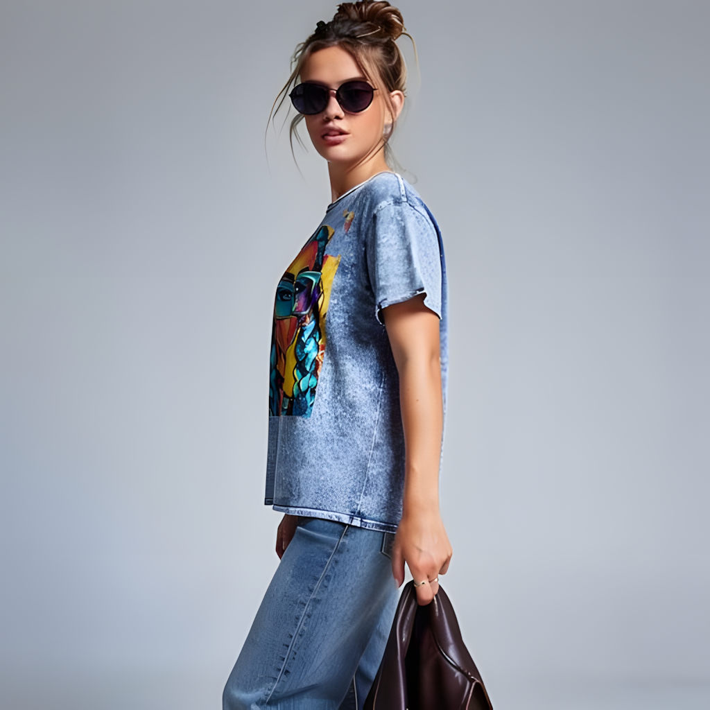 Model wearing unisex denim graphic t-shirt with colorful pop art portrait design in a studio setting