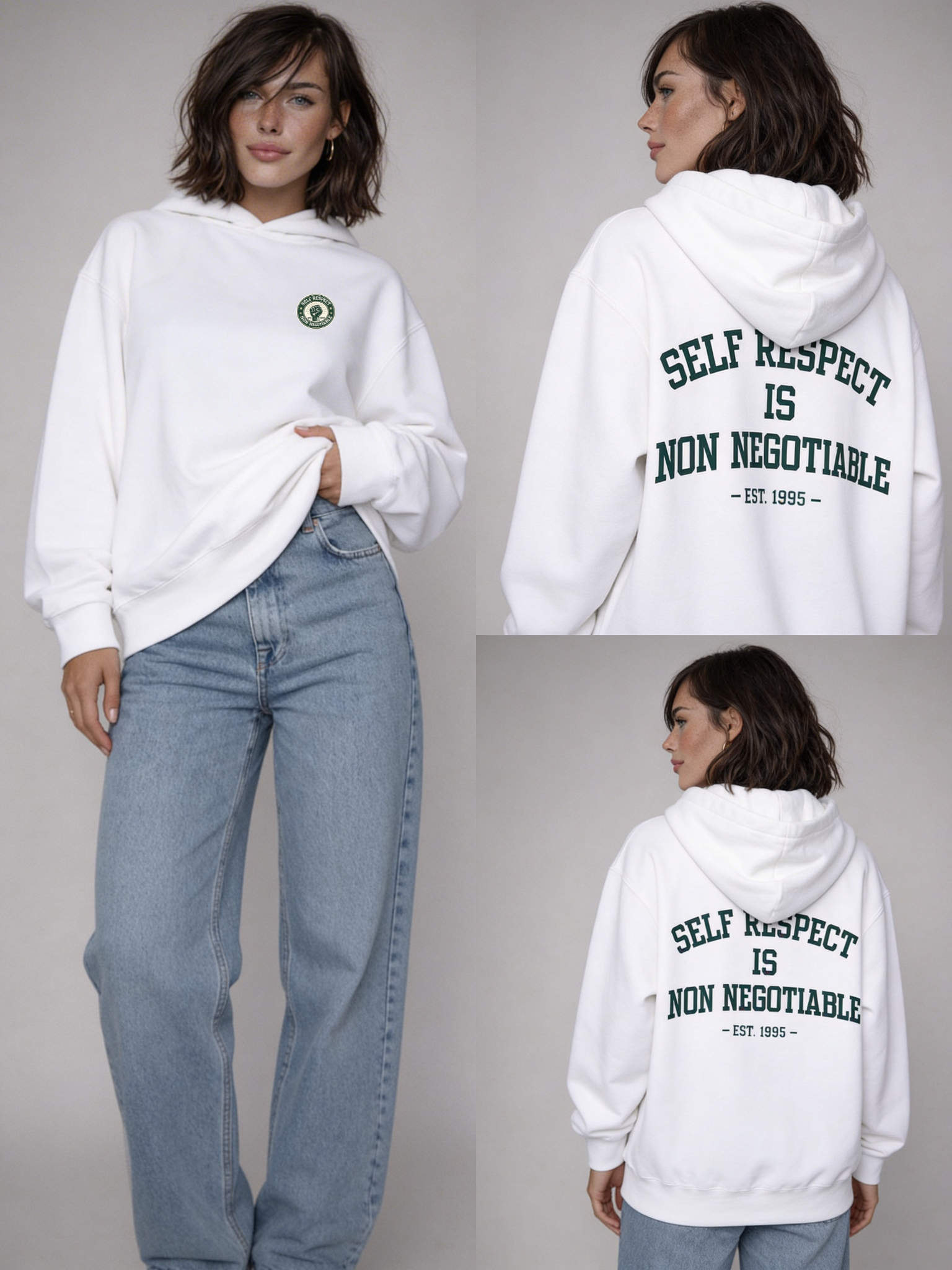 White oversized hoodie front and back collage view showing Noiré emblem and “Self Respect Is Non Negotiable – EST. 1995” streetwear print