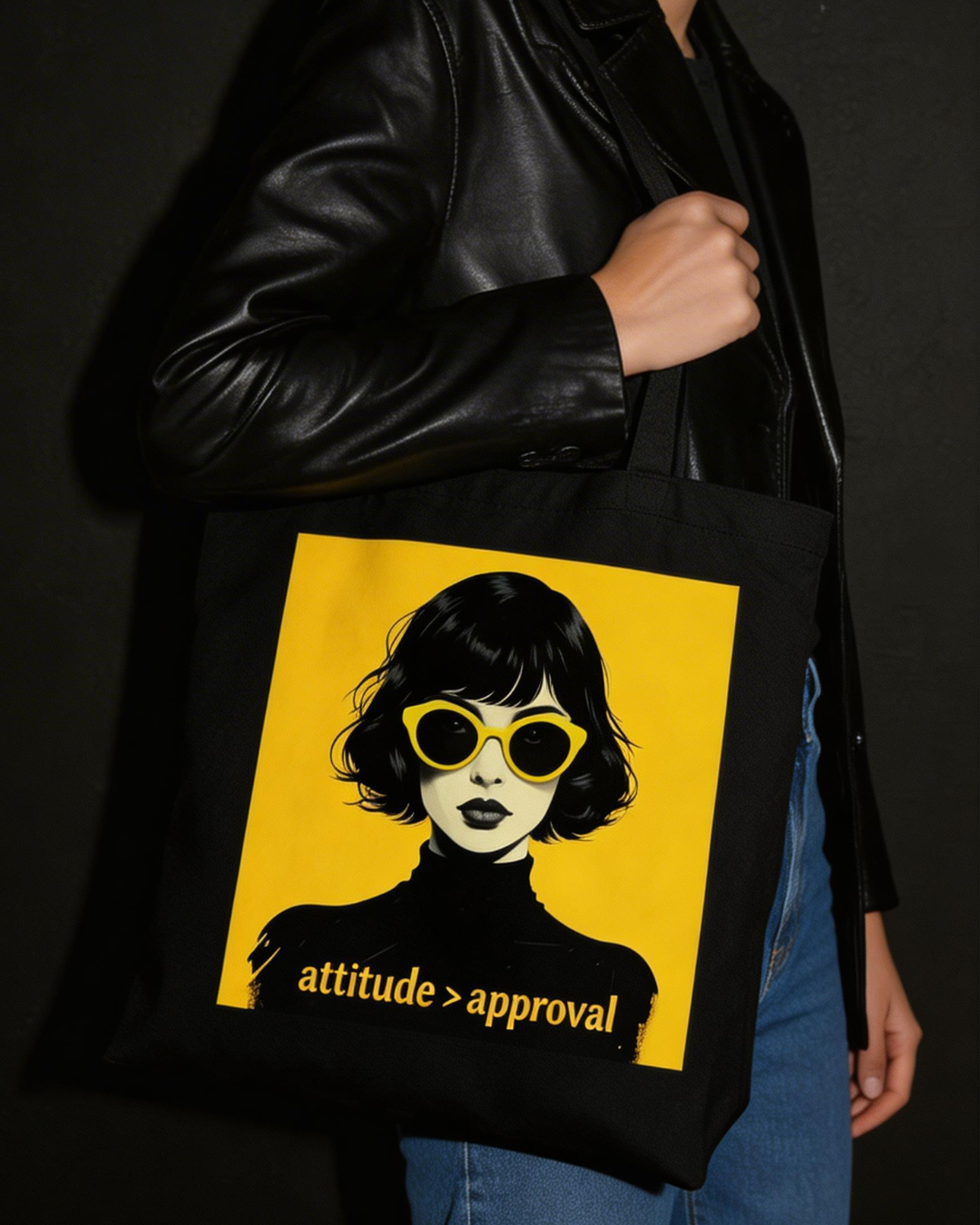 model side view wearing black oversized eco tote bag woman graphic yellow background attitude approval streetwear outfit