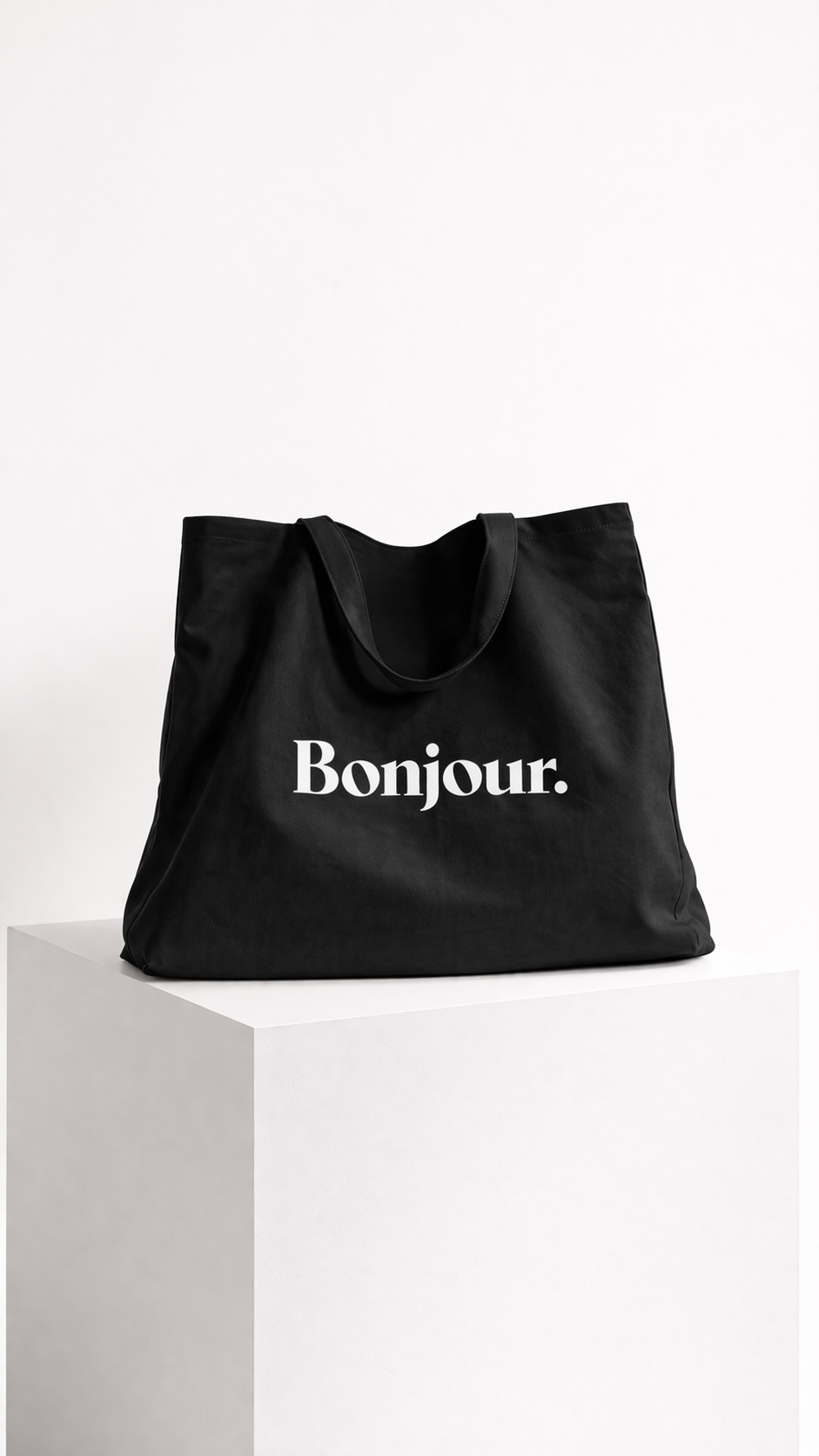 product front view black tote bag bonjour typography design streetwear fashion