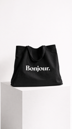 product front view black tote bag bonjour typography design streetwear fashion