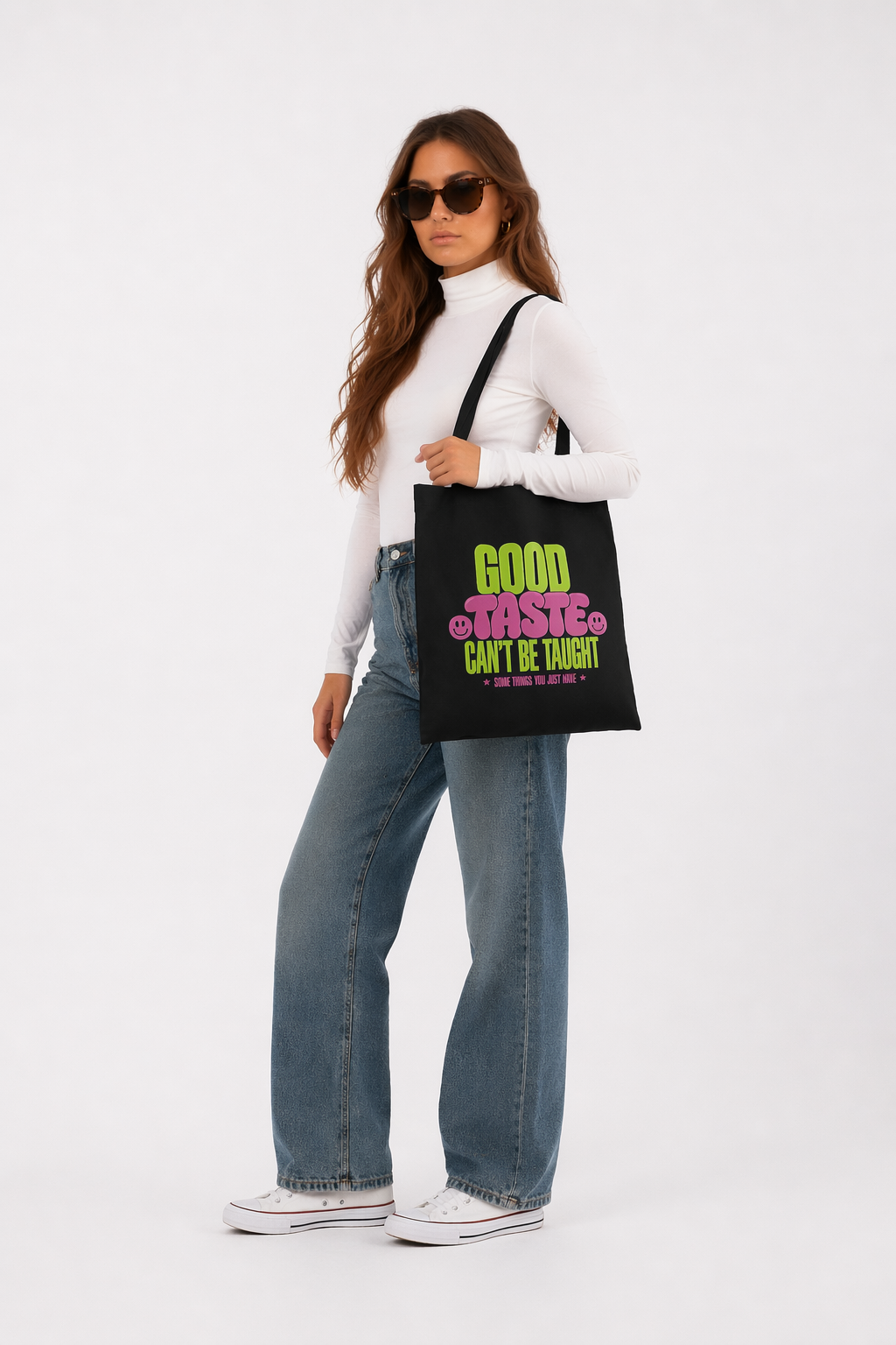 model standing front view wearing oversized black tote bag good taste attitude design graphic streetwear