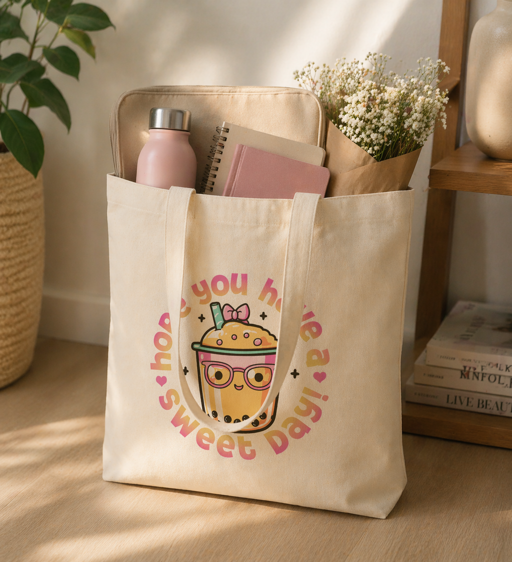 lifestyle tote bag on table filled with daily essentials aesthetic warm light home decor scene