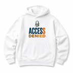 angled flat lay oversized white hoodie with access denied graphic design modern urban streetwear clothing mockup