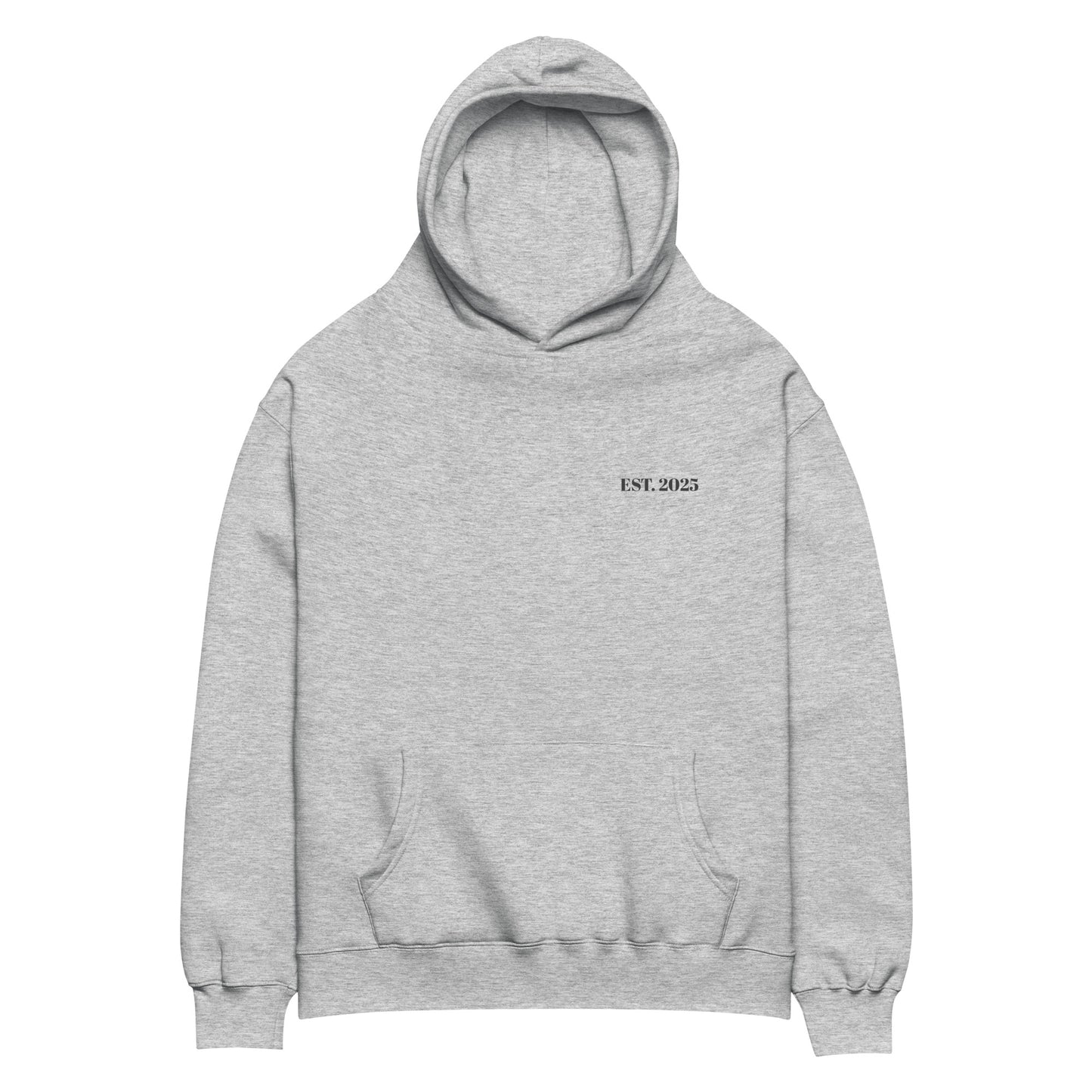 Athletic heather oversized unisex hoodie with minimalist front design, featuring subtle “EST. 2025” text on the chest, clean streetwear style and relaxed fit.
