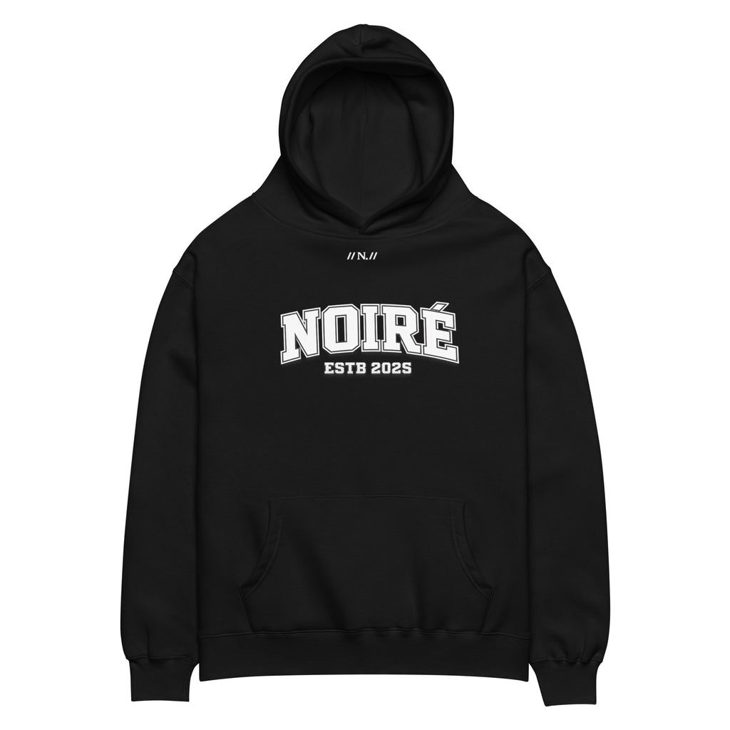 Black minimalist streetwear hoodie with white Noiré logo graphic, front view
