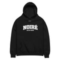 Black minimalist streetwear hoodie with white Noiré logo graphic, front view