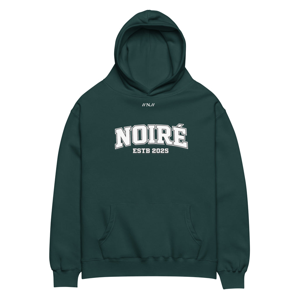 Dark green oversized hoodie with Noiré logo typography design, front view