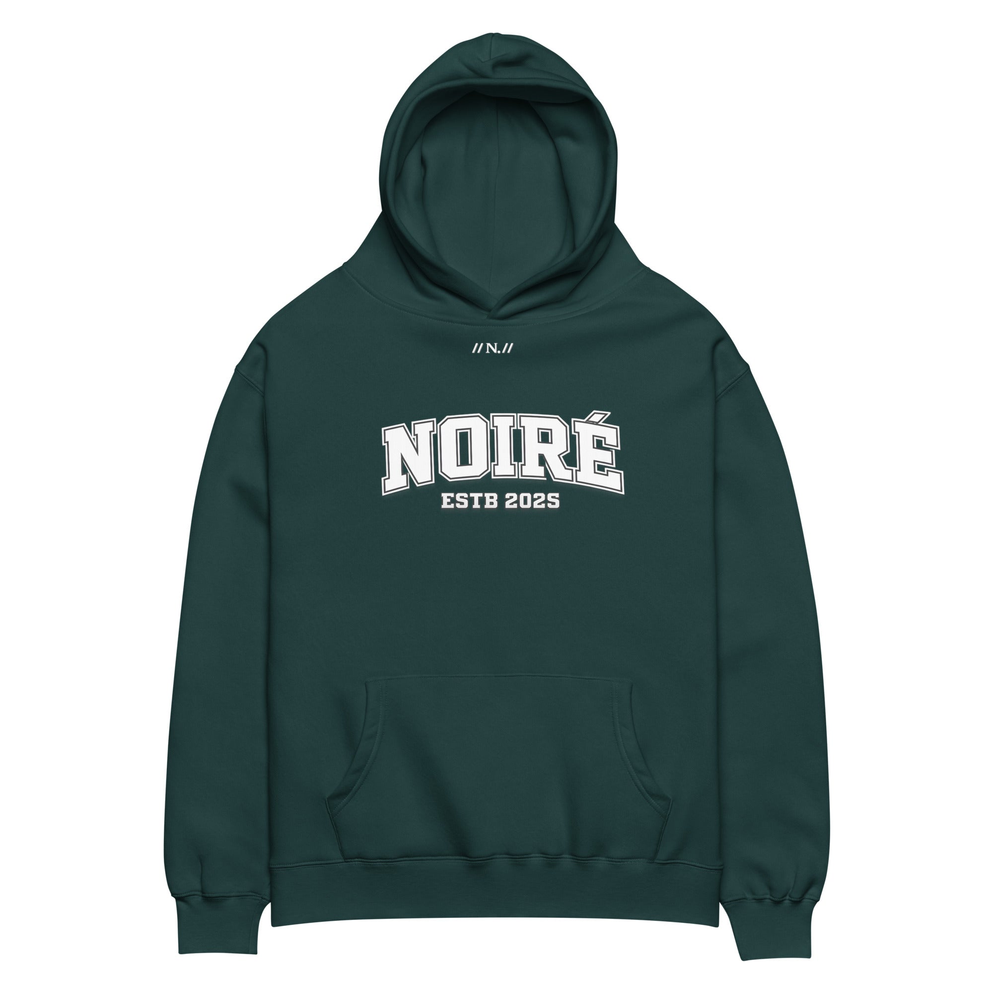 Dark green oversized hoodie with Noiré logo typography design, front view