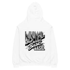 Oversized hoodie in white with "Minimal between basic" graphic typography, back view