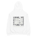 White oversized hoodie featuring repeated “Living Life” typography and the phrase “Living life with intentional rebellion” printed on the back.