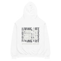 White oversized hoodie featuring repeated “Living Life” typography and the phrase “Living life with intentional rebellion” printed on the back.
