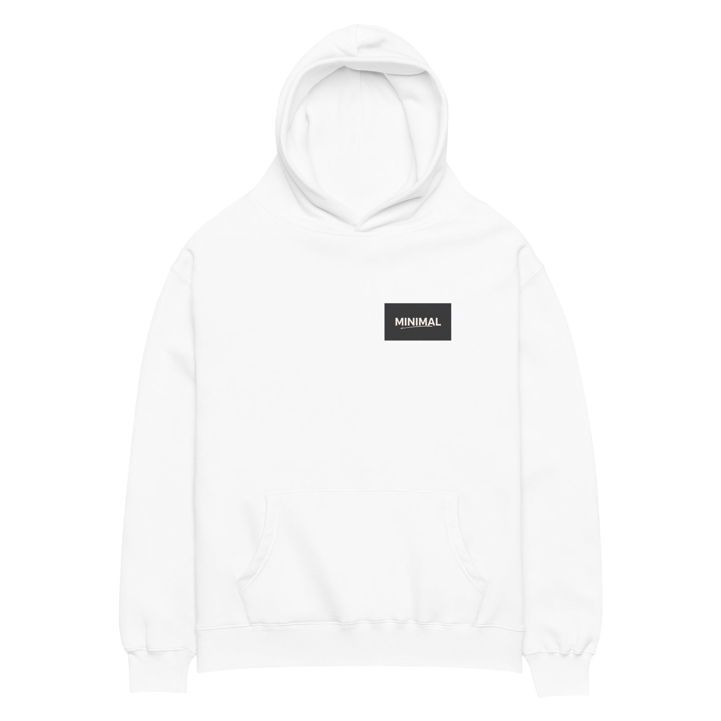 Oversized hoodie in white with "Minimal But Never Basic" statement typography, front view