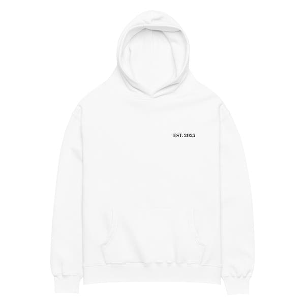 White oversized unisex hoodie with minimalist front design, featuring subtle “EST. 2025” text on the chest, clean streetwear style and relaxed fit.