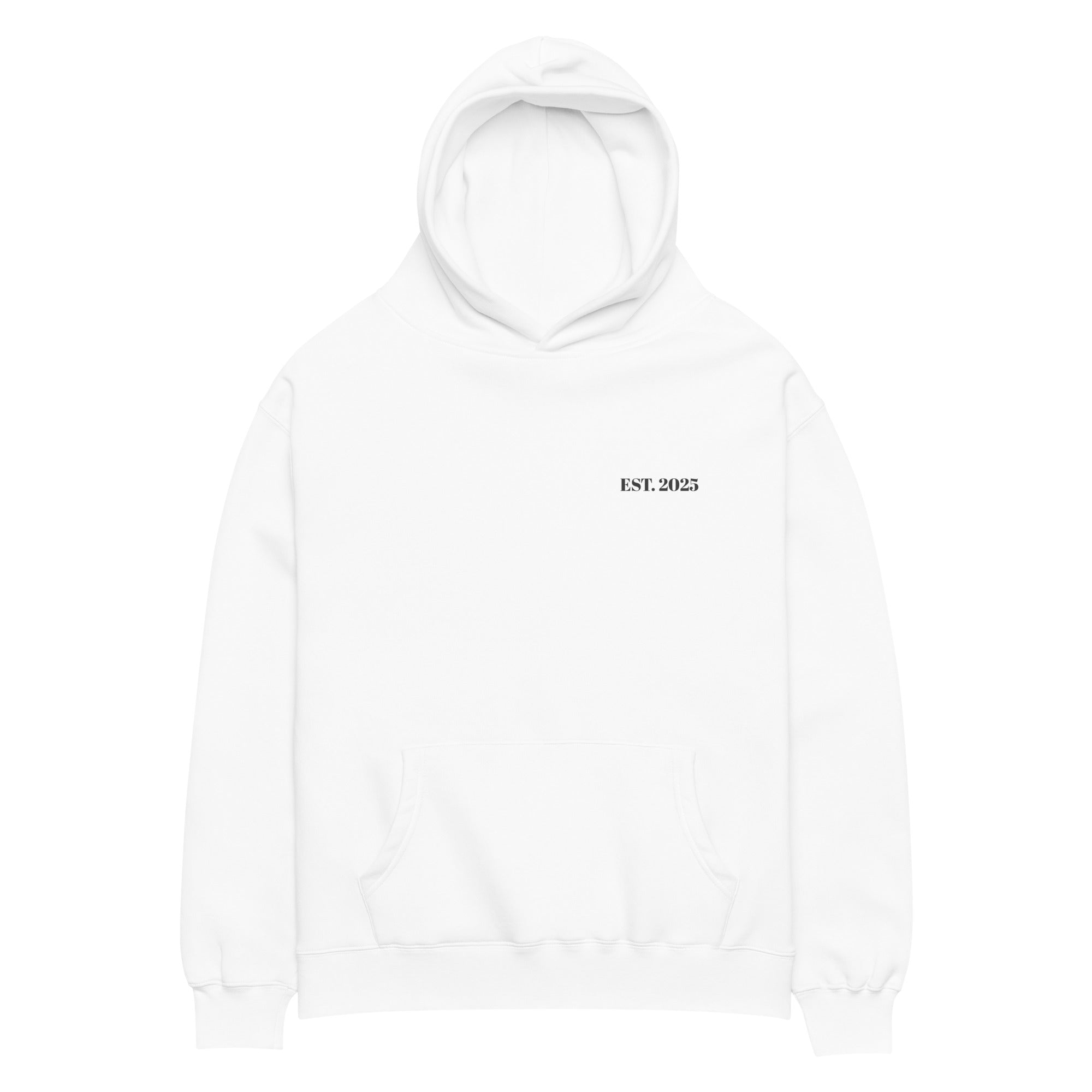 White oversized unisex hoodie with minimalist front design, featuring subtle “EST. 2025” text on the chest, clean streetwear style and relaxed fit.