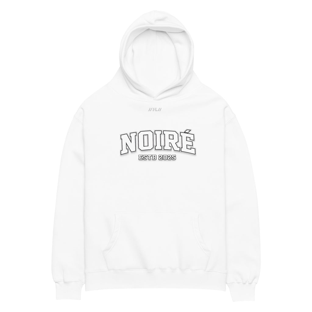 White clean streetwear hoodie with Noiré chest logo print, front view