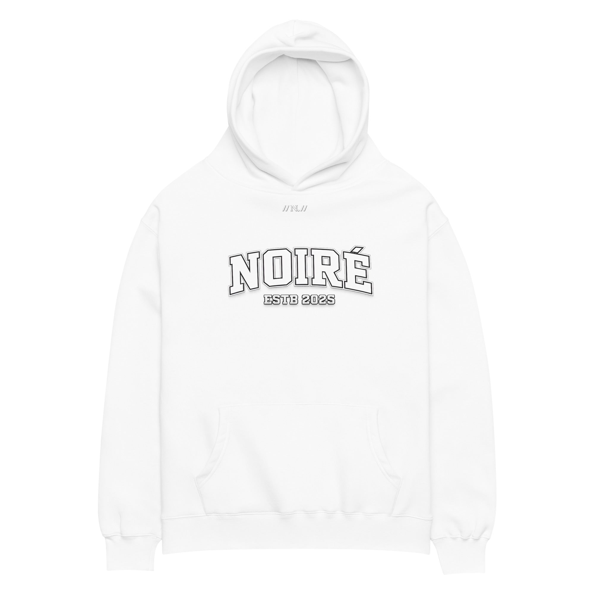 White clean streetwear hoodie with Noiré chest logo print, front view