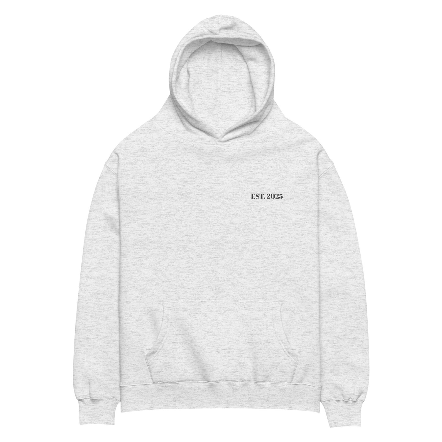 White heather oversized unisex hoodie with minimalist front design, featuring subtle “EST. 2025” text on the chest, clean streetwear style and relaxed fit.