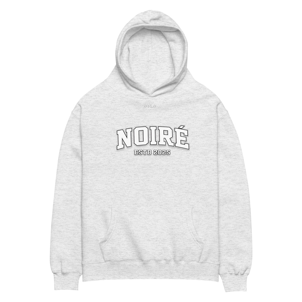 White heather clean streetwear hoodie with Noiré chest logo print, front view