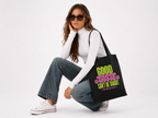 model sitting front view wearing oversized black tote bag good taste attitude design graphic streetwear