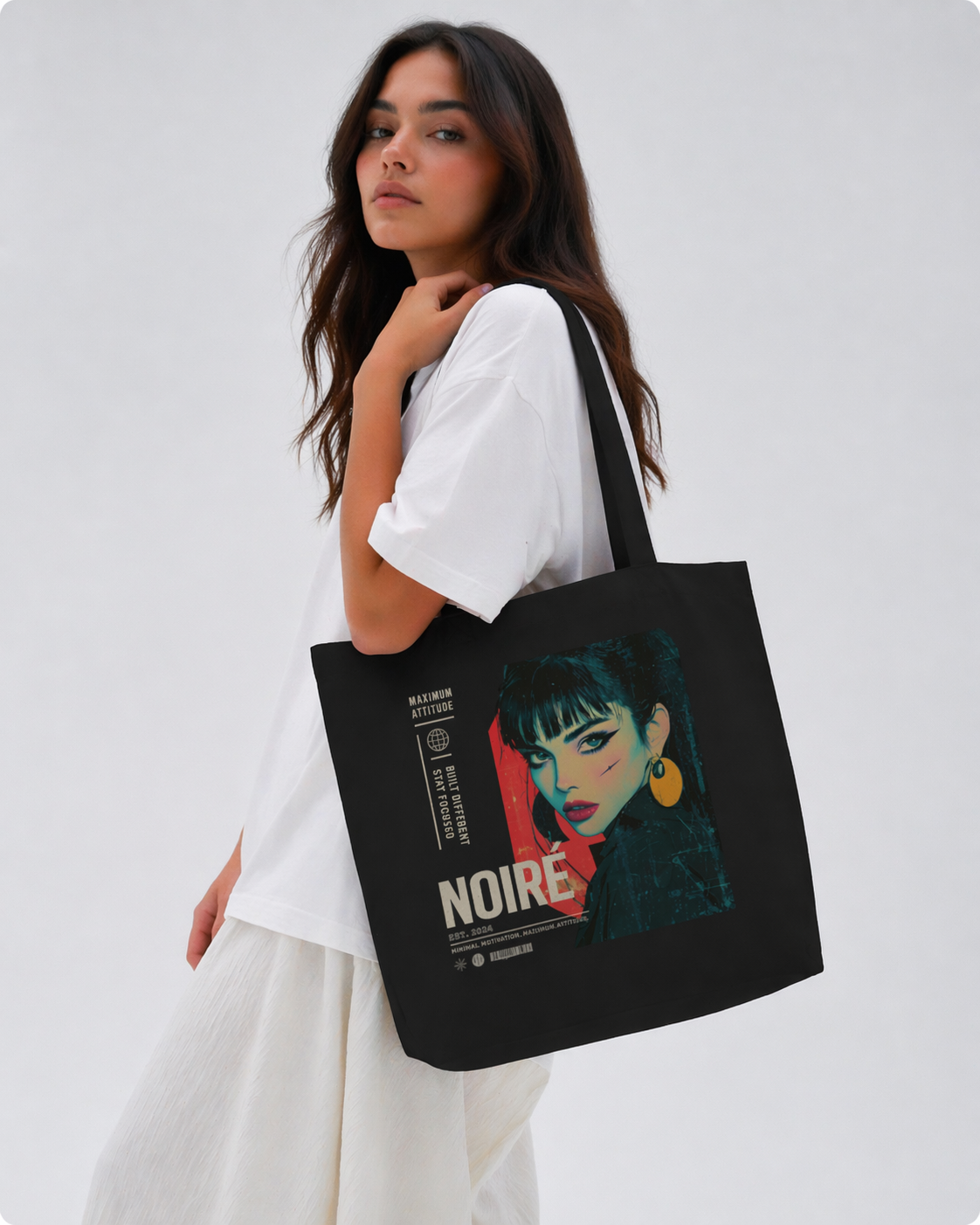 model walking side view wearing oversized black tote bag anime noiré design streetwear fashion
