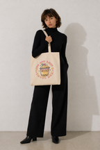 model front pose holding tote bag kawaii bubble tea design sweet message print lifestyle minimal fashion