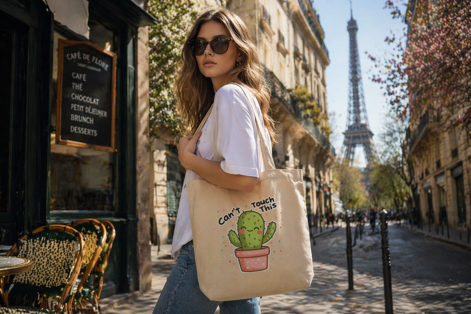 model walking street view wearing beige tote bag cactus graphic design urban streetwear outfit