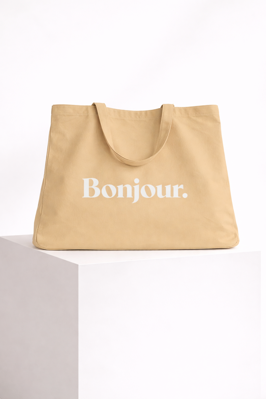 product front view beige tote bag bonjour typography design streetwear fashion