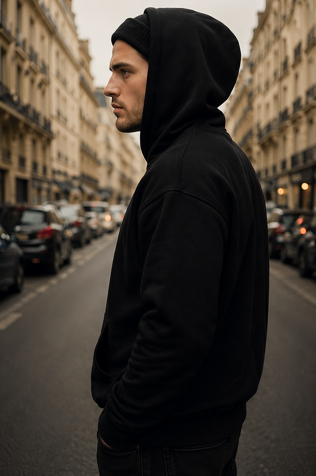 side profile model wearing oversized black hoodie urban paris streetwear fashion