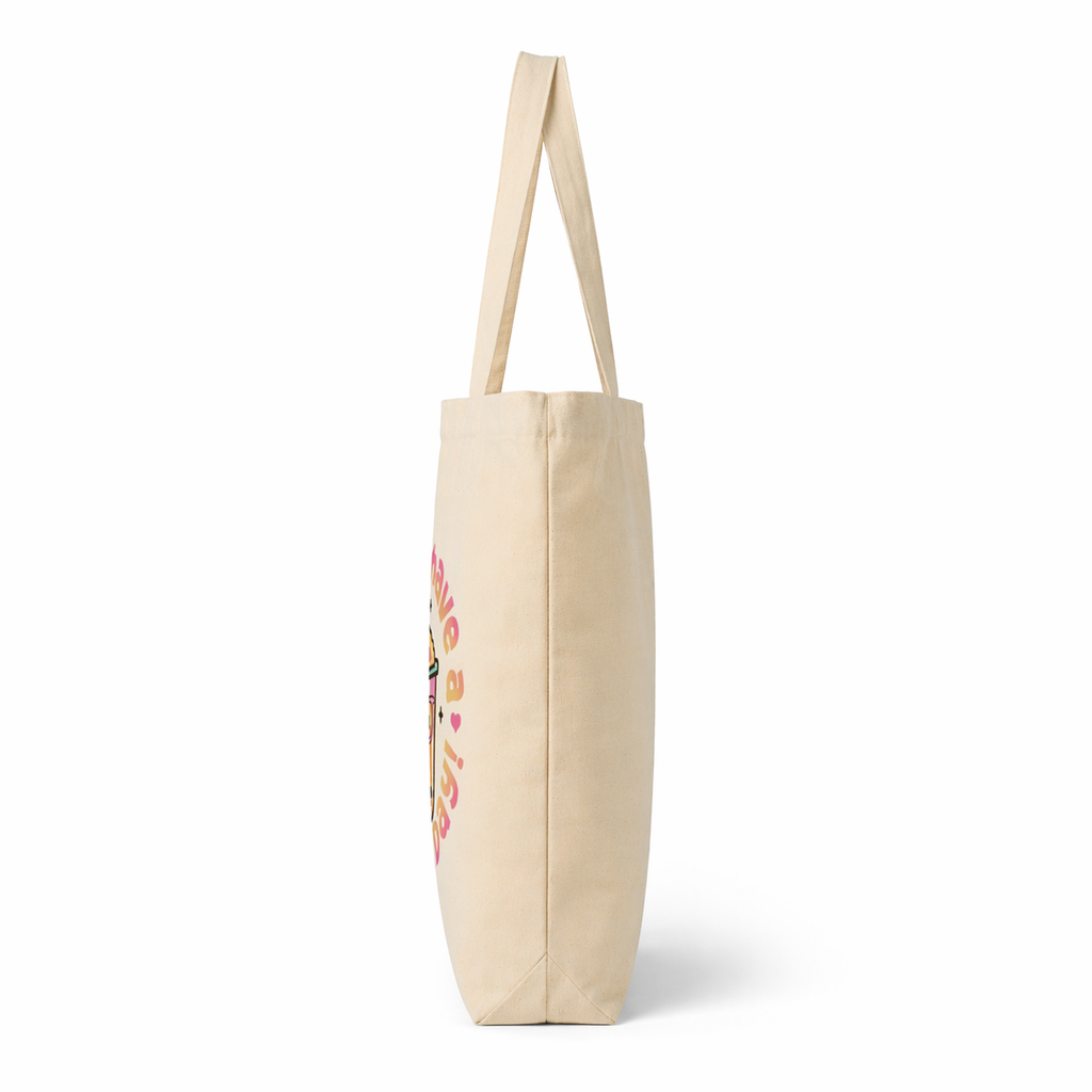 side profile beige tote bag showing structure depth minimal studio background product perspective