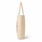 side profile beige tote bag showing structure depth minimal studio background product perspective