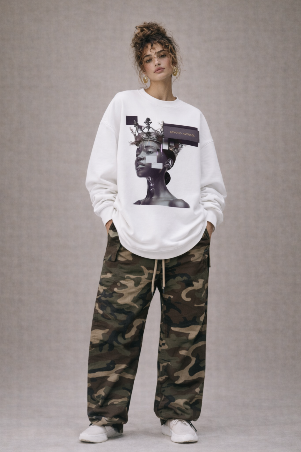 Female model in white oversized sweatshirt featuring purple illustrated face graphic, contemporary urban streetwear outfit.