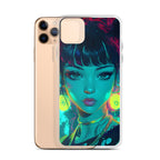 product front view cyberpunk anime girl phone case neon futuristic aesthetic accessory