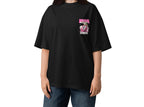 model front view wearing oversized black graphic t shirt pitaya chest print relaxed fit streetwear fashion
