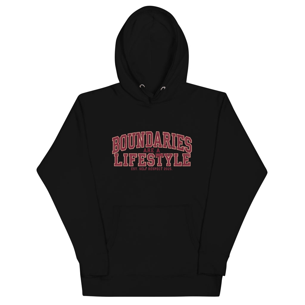 Black unisex premium hoodie front view with “Boundaries Are a Lifestyle” text design