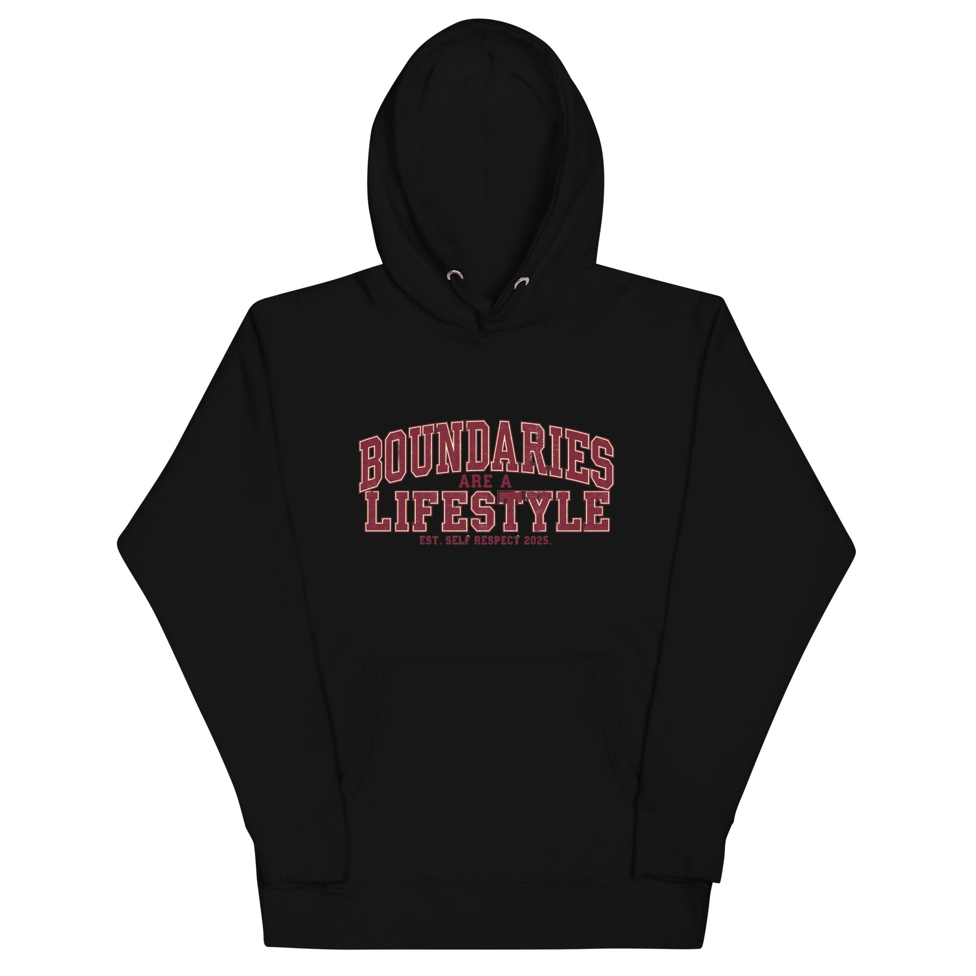 Black unisex premium hoodie front view with “Boundaries Are a Lifestyle” text design