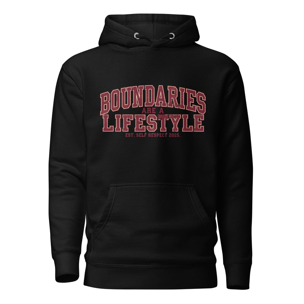 Black unisex premium hoodie front view with “Boundaries Are a Lifestyle” text design