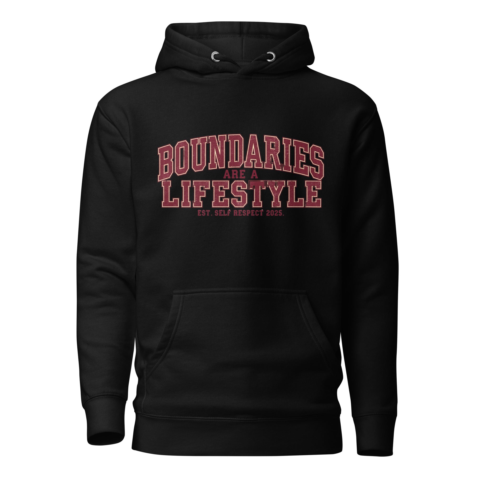 Black unisex premium hoodie front view with “Boundaries Are a Lifestyle” text design