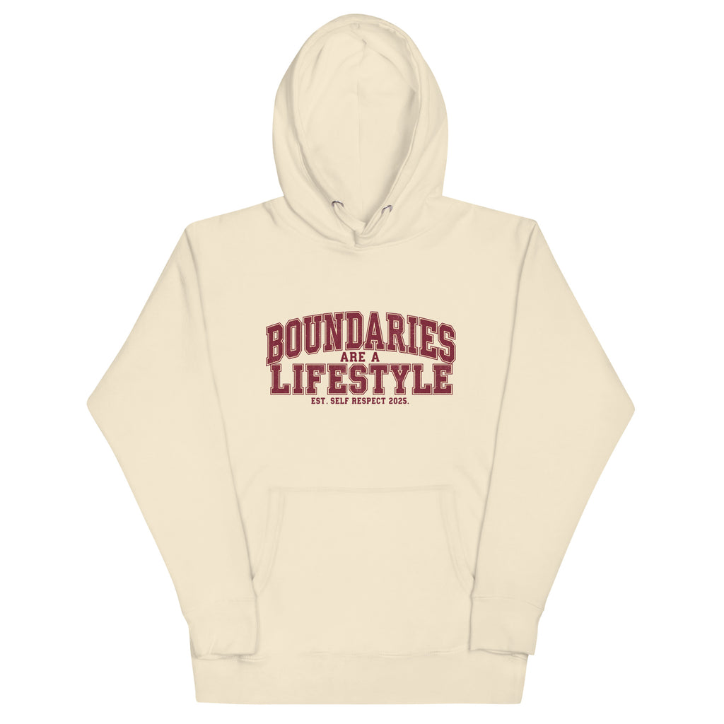 Bone unisex premium hoodie front view with “Boundaries Are a Lifestyle” text design