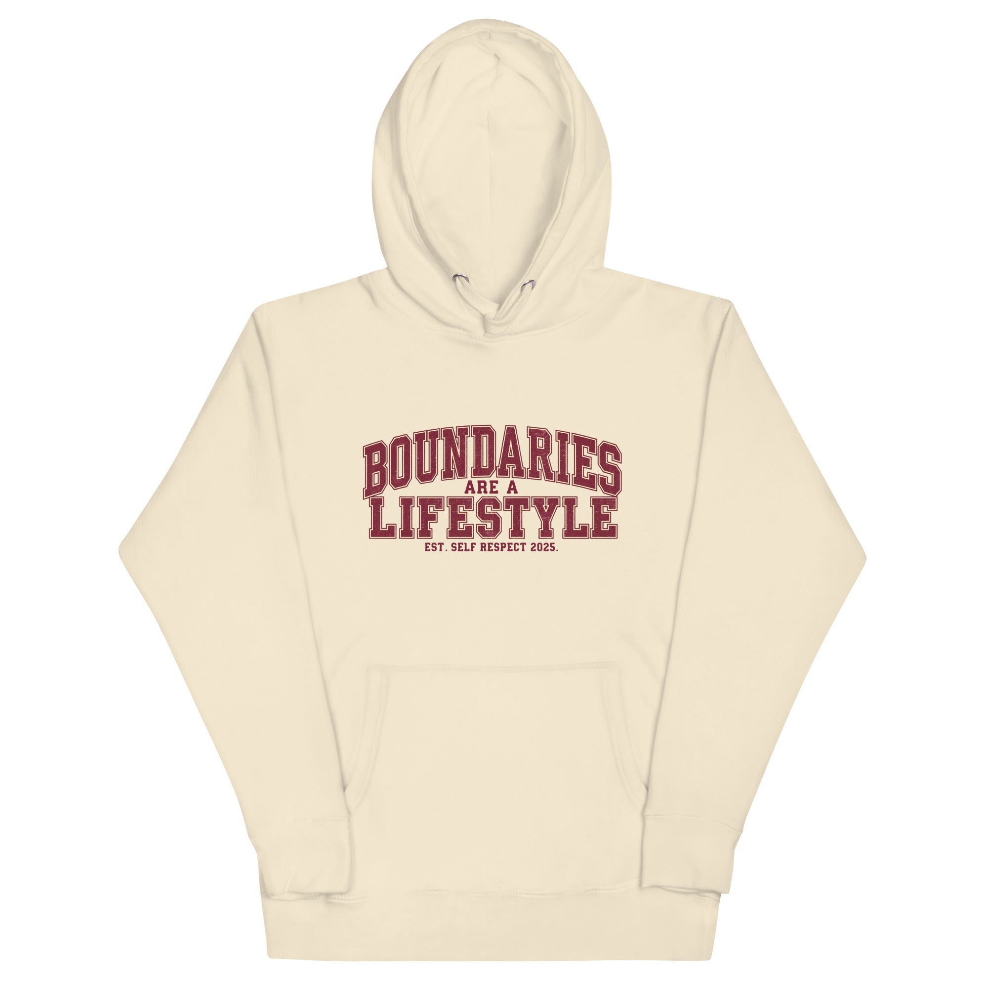 Bone unisex premium hoodie front view with “Boundaries Are a Lifestyle” text design
