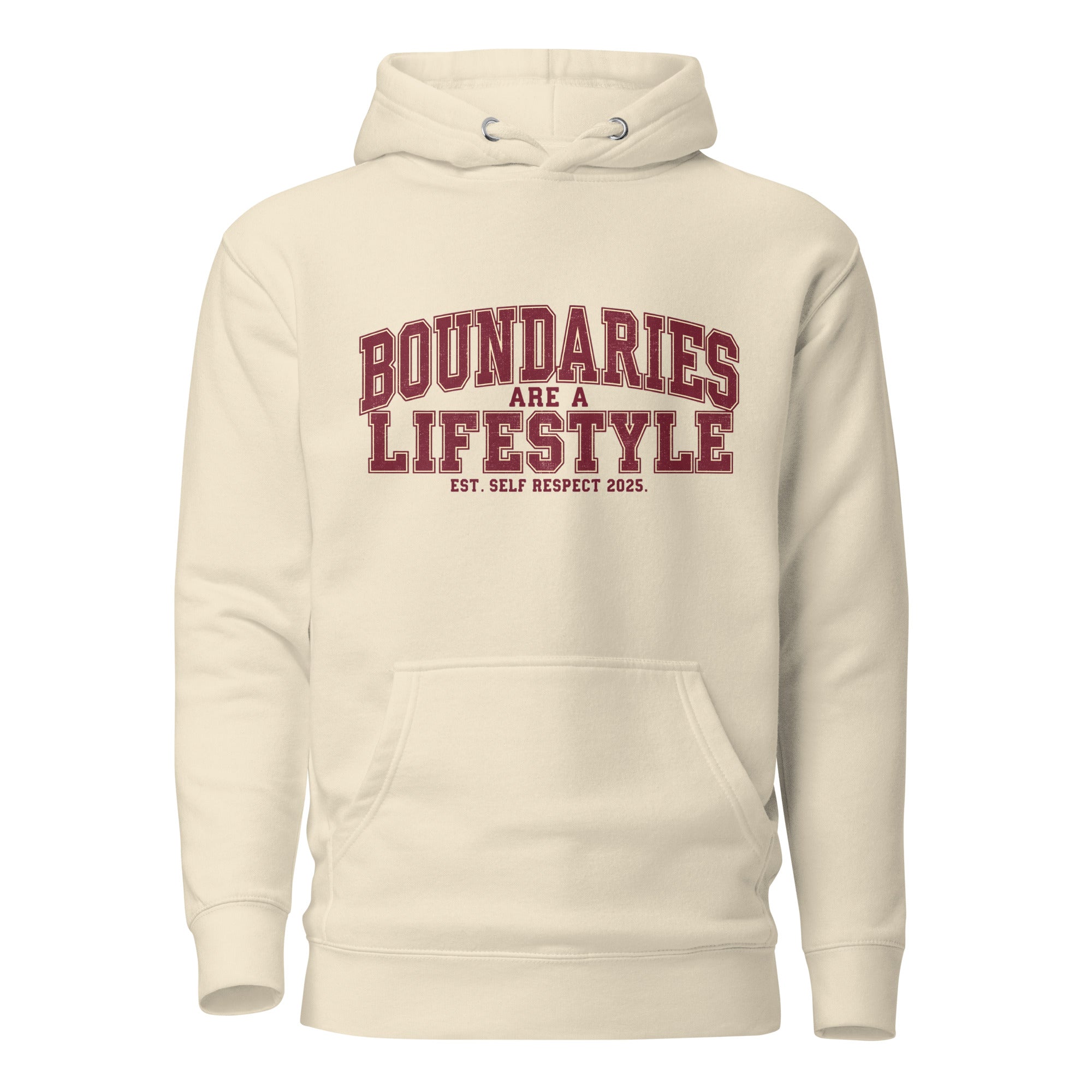 Bone unisex premium hoodie front view with “Boundaries Are a Lifestyle” text design
