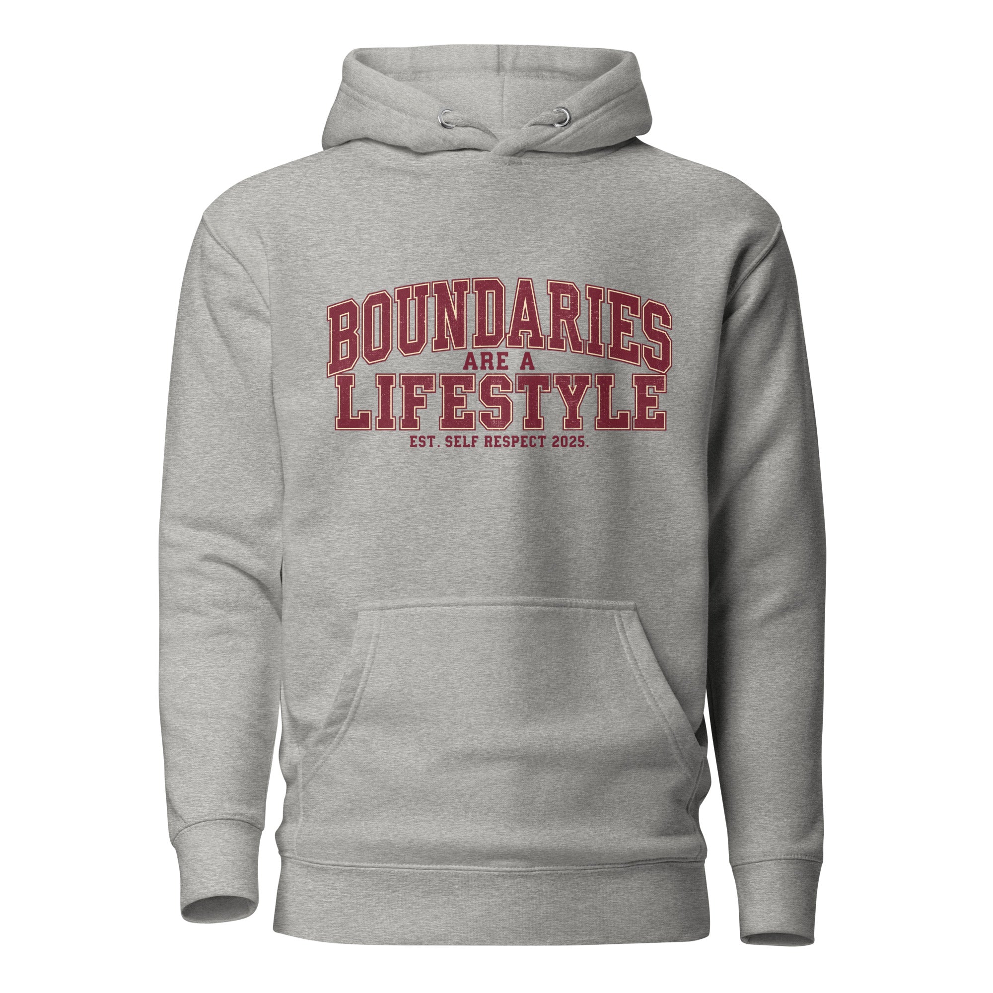 Carbon Gray unisex premium hoodie front view with “Boundaries Are a Lifestyle” text design